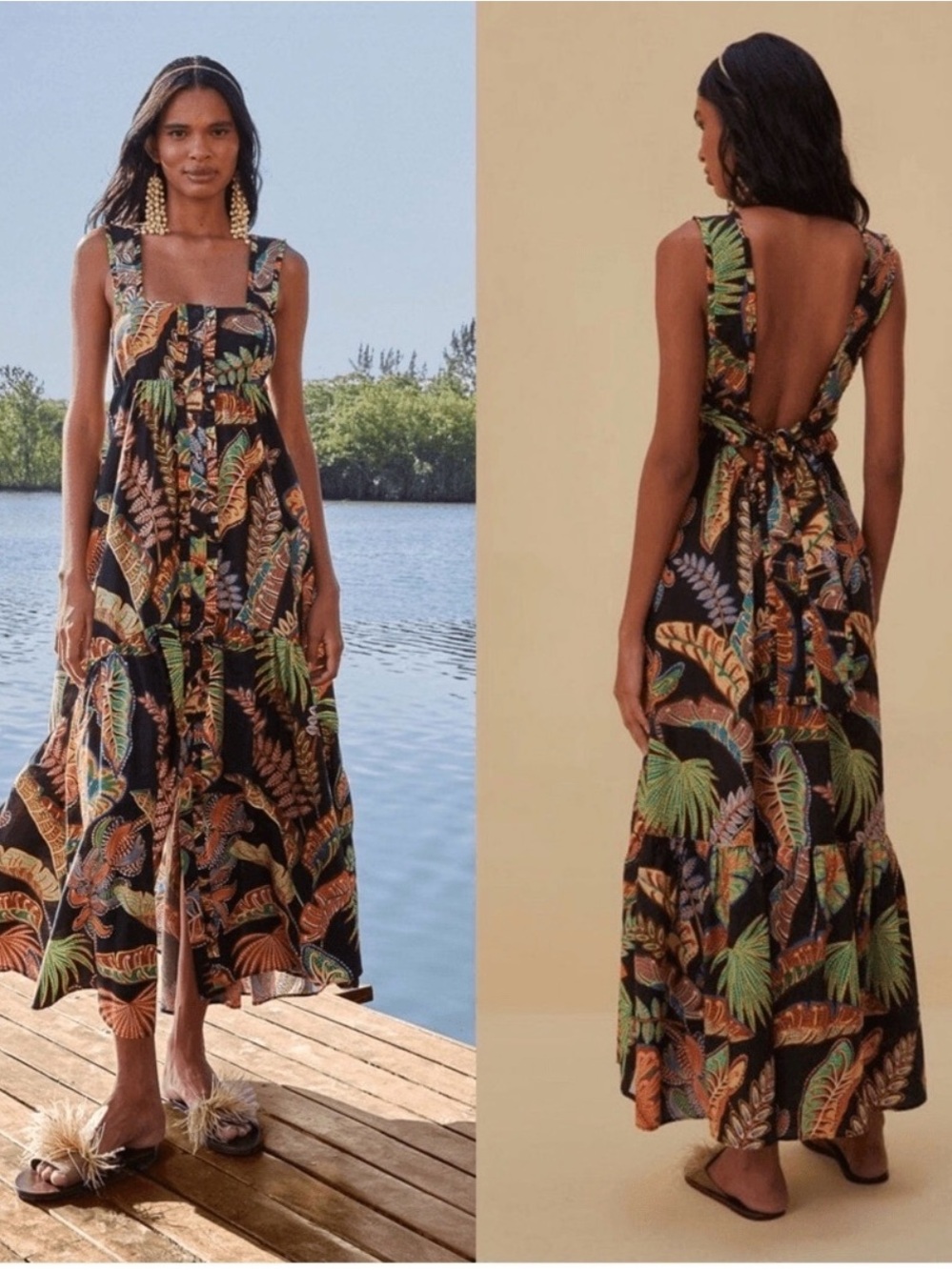 FARM Rio Black Tropical Leaf Backless Maxi Dress